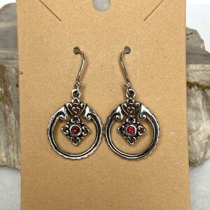 Sterling Silver 925 SX Thailand Garnet Scrollwork Dangle Drop Earrings